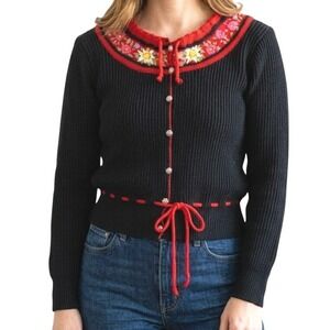 Vintage Tyrolean Wool Cardigan Black Red Floral Embroidered Made Italy Folk